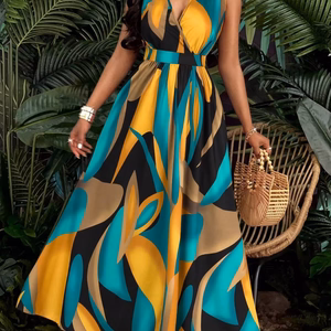 Women's Floor-Length Sleeveless V-Neck Dress with Abstract Prints - Trendy for Beach  Casual Occasions