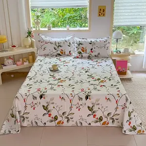 طقم ملاءات سرير مطبوعة من أوراق التوت النباتية البيضاء مكون من 3 قطع مع أكياس وسادات، طقم مفروشات زهور عتيقة لغرفة النوم، ديكور منزلي أنيق