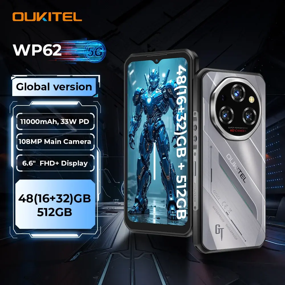 Oukitel WP62 5G هاتف ذكي متين 48 جيجابايت (16 + 32) + 512 جيجابايت، 6.6 بوصة FHD + كاميرا 108 ميجابكسل هاتف محمول، 11000 مللي أمبير 33 وات، هاتف أندرويد 15