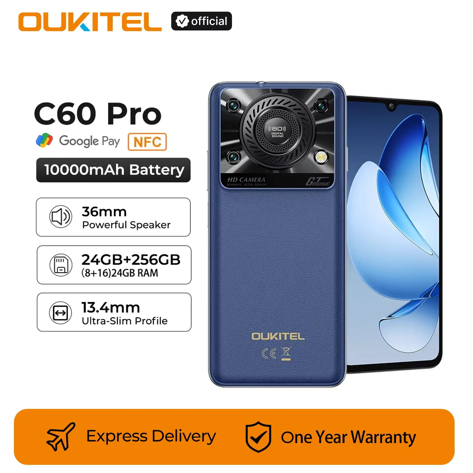هاتف ذكي Oukitel C60 PRO بطارية 10000 مللي أمبير في الساعة 24 جيجابايت + 256 جيجابايت 6.88 بوصة HD 90 هرتز أندرويد 15 13.4 نانومتر 36 ملم مكبر صوت قوي هاتف محمول