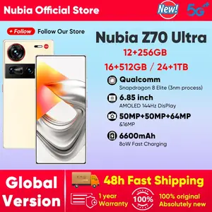 الإصدار العالمي للهاتف الذكي Nubia Z70 Ultra NX733J 5G Snapdragon 8 Elite 6.85 بوصة 144 هرتز شاشة AMOLED 6150 مللي أمبير 80 وات شحن سريع IP69