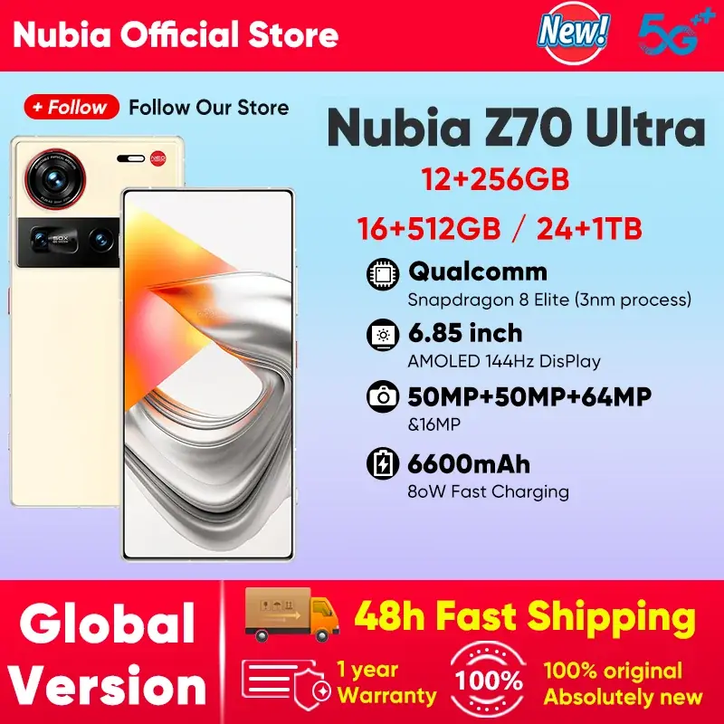 الإصدار العالمي للهاتف الذكي Nubia Z70 Ultra NX733J 5G Snapdragon 8 Elite 6.85 بوصة 144 هرتز شاشة AMOLED 6150 مللي أمبير 80 وات شحن سريع IP69