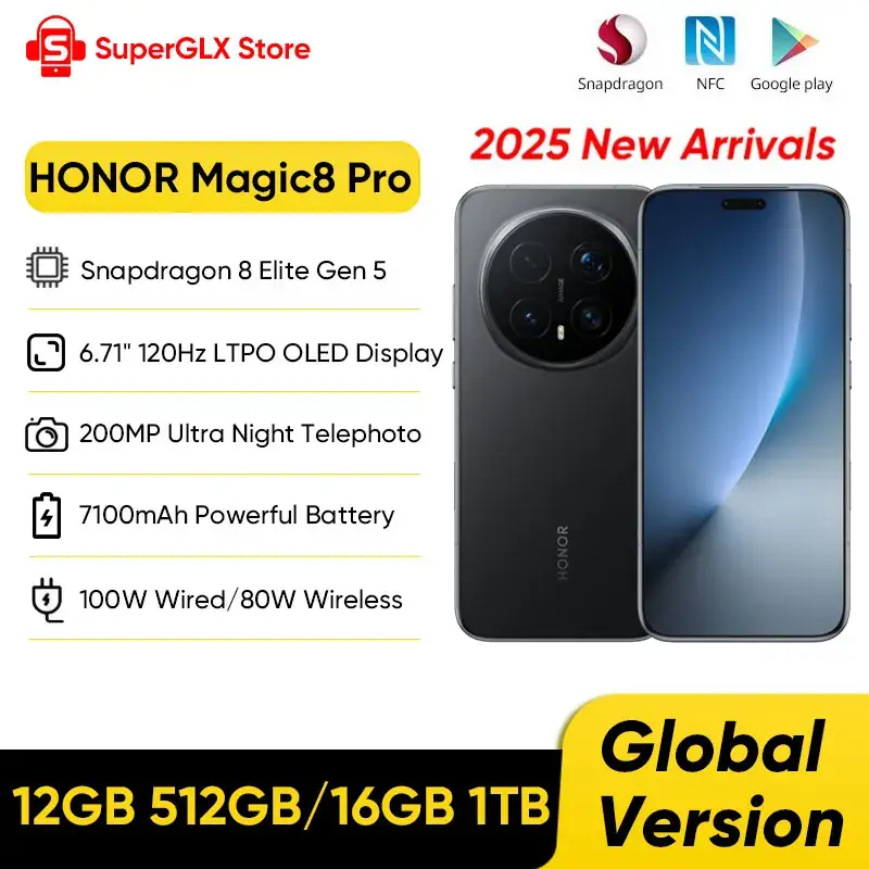 HONOR Magic8 Pro الإصدار العالمي 5G AI الهاتف الذكي Snapdragon 8 Elite Gen 5 6.71 بوصة 120 هرتز شاشة OLED كاميرات 200 ميجابكسل 100 وات SuperCharge