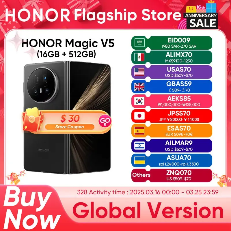 هاتف HONOR Magic V5 5G الإصدار العالمي، معالج Snapdragon 8 Elite، شاشة OLED قابلة للطي مقاس 7.95 بوصة، بطارية 5820 مللي أمبير، يدعم الشحن السريع 66 واط، ويدعم eSIM.