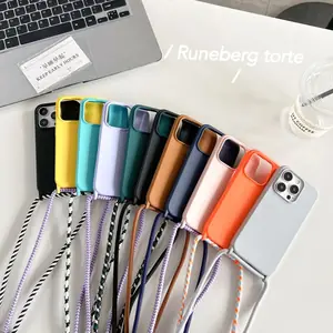 جراب سيليكون سائل بحزام قلادة بحبل متقاطع مع الجسم لهاتف أيفون 16 برو 15 14 13 برو ماكس 12 12 ميني 7 8 بلس