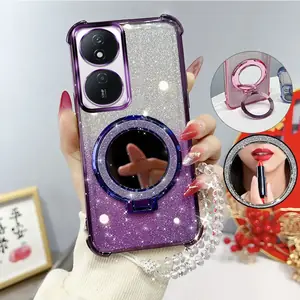 حافظة هاتف لامعة مقاومة للصدمات بأربعة زوايا مع حامل مرآة وحزام مطرز لهاتف هواوي هونور X7b Play8T 90 حافظة خلفية ذكية