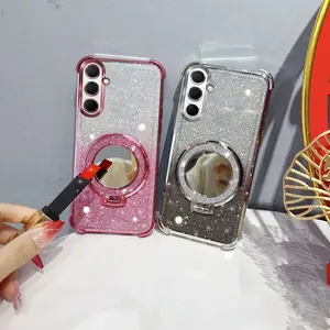 حافظة هاتف لامعة مقاومة للصدمات بأربعة زوايا مع حامل مرآة وحزام مطرز لهاتف سامسونج جالاكسي A56 A36 A 56 36 5G