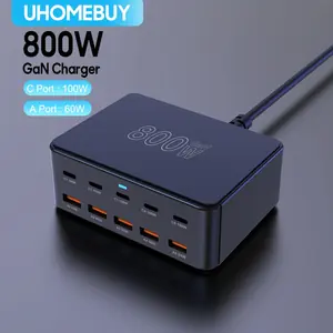 UHOMEBUY 800 واط GaN شاحن سطح المكتب 10 منافذ USB نوع C PD 100 واط شاحن شحن سريع 3.0 شاحن سريع شاحن USB المحمول