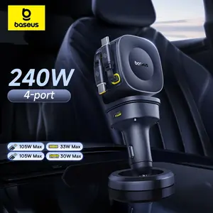 Baseus 240 واط شاحن سيارة 4 منافذ المدمج في كابل قابل للسحب شحن سريع USB نوع-C شاحن هاتف السيارة لسامسونج آيفون Xiaomi