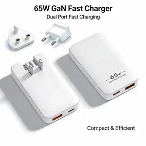 شاحن حائط USB C مسطح بقدرة 65 وات GaN، شاحن سفر فائق النحافة بمنفذ مزدوج USB-A وUSB-C قابل للطي للهواتف والأجهزة اللوحية