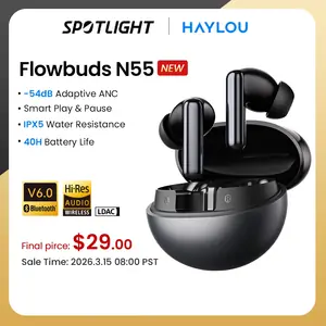 سماعات أذن لاسلكية HAYLOU Flowbuds N55 مع خاصية إلغاء الضوضاء التكيفية 54 ديسيبل، بلوتوث 6.0، صوت عالي الدقة LDAC، 6 ميكروفونات للمكالمات عالية الجودة، تشغيل لمدة 40 ساعة، مقاومة للماء IPX5