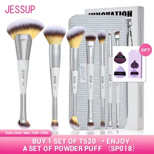 مجموعة فرش مكياج جيسوب مكونة من 3/7 قطع فرشاة كريم أساس صناعية مزدوجة الأطراف وأحمر الخدود مع حقيبة، رمادي هادئ T520