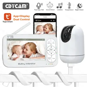 جهاز مراقبة الأطفال واي فاي 5 بوصة مع كاميرا PTZ بتكبير 4 أضعاف، تطبيق تويا + شاشة، تحكم مزدوج، مربية أطفال إلكترونية، اتصال صوتي ثنائي الاتجاه، رؤية ليلية، جهاز مراقبة الأطفال