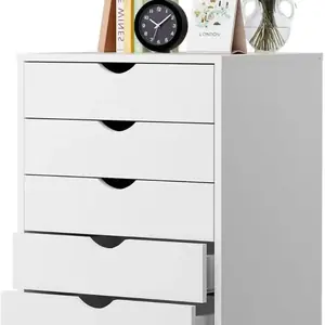 خزانة تخزين متنقلة بخمسة أدراج، خزانة خشبية صغيرة بعجلات، أثاث لتنظيم الغرف للمكتب والمنزل، خشب أبيض