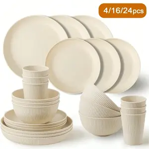 طقم أواني طعام بلاستيكية 4/16/24 قطعة، كوب قابل لإعادة الاستخدام، طقم أطباق ووعاء، مناسب للتخييم والتخييم والنزهات والمهجع والبيج