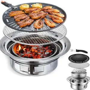 شواية باربكيو 13.7 بوصة غير لاصقة على الطريقة الكورية، موقد فحم محمول من الفولاذ المقاوم للصدأ للمنزل والحفلات والتخييم في الهواء الطلق