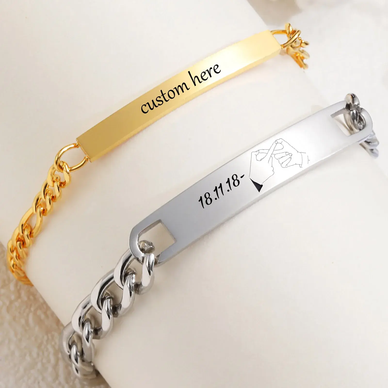 Vnox الحرة نقش كلمات الحب أساور هدايا للأزواج ، الفولاذ المقاوم للصدأ فيجارو سلسلة أساور ، هدية عيد الحب له لها