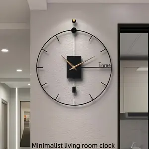 ساعة حائط لغرفة المعيشة بتصميم بسيط، لا تحتاج للثقب، تصميم عصري فاخر، أجواء راقية، ساعة حائط 20 بوصة - أسود