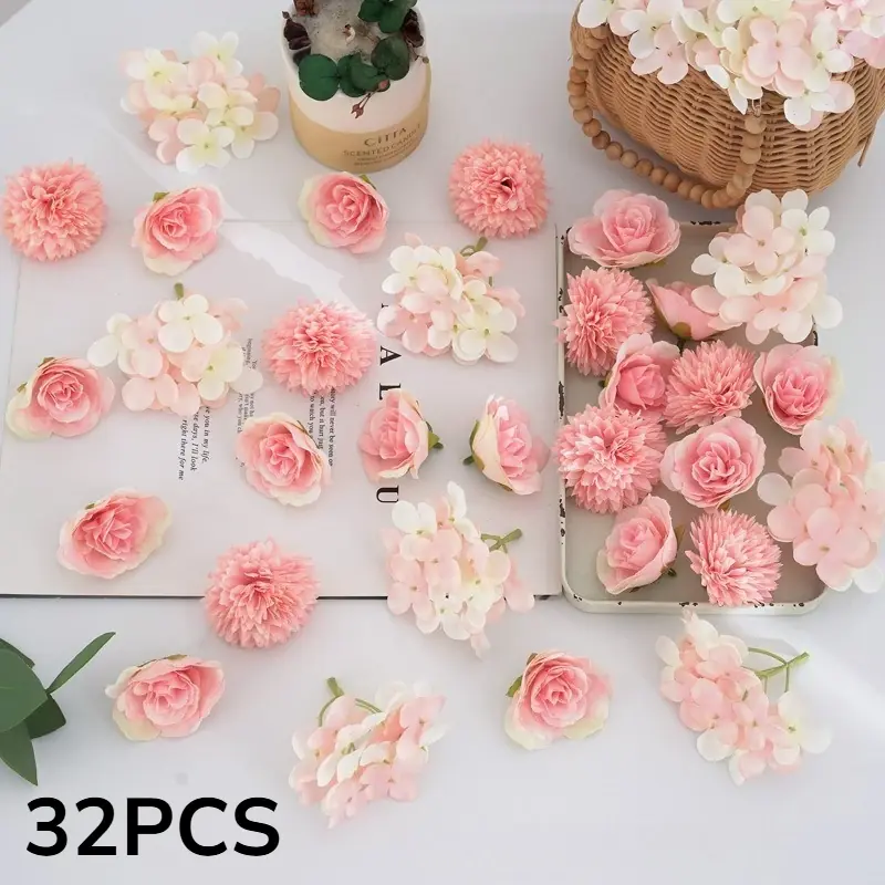 32 قطعة من الزهور الاصطناعية الوردية، رؤوس زهور حريرية اصطناعية من الورد والأقحوان، مستلزمات الحرف اليدوية، لتزيين حفلات الزفاف والمنازل
