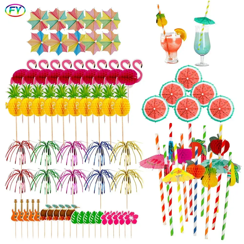 هاواي موضوع ديكور فلامنغو الأناناس البطيخ مظلة مسواك العسل ورقة القش صيف سعيد ألوها لوازم الحفلات