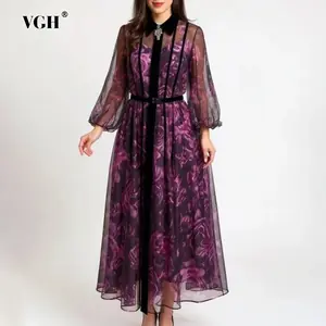 فستان VGH عتيق بطباعة الأزهار للنساء ذو طية صدر السترة وأكمام واسعة وخصر عالي ومرقعة بقماش شفاف فساتين طويلة نسائية عصرية جديدة