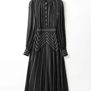 DSFACAIRIJ فستان نسائي عتيق بياقة واقفة وأكمام واسعة واحدة الصدر وتفاصيل الماس الأسود موضة الخريف للإناث