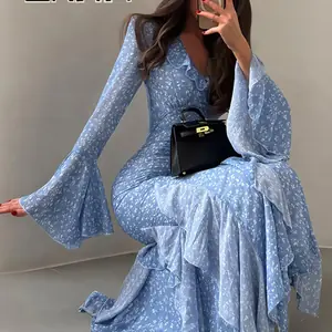 فستان نسائي أنيق مطبوع بأكمام واسعة وكشكشة وياقة على شكل V، فستان طويل ضيق للسيدات، روب نسائي جديد لربيع وصيف 2026 للإجازات