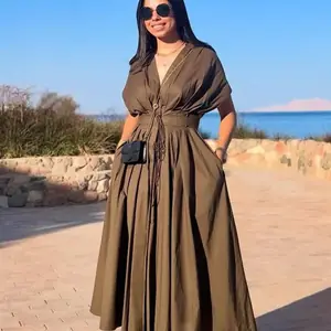 HH أنثى الصيف فستان طويل أنيق الصلبة الخامس الرقبة قصيرة الأكمام القوس الدانتيل متابعة واحدة الصدر المرأة فستان كاجوال الموضة