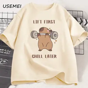 كابيبارا رياضة تي شيرت الرجال النساء الرياضة رفع الأثقال المحملة تجريب اللياقة البدنية تي شيرت علوي للجنسين سوفت ستايل فضفاض القطن التي شيرت الملابس