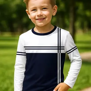 تي شيرت كلاسيكي للأولاد لفصل الخريف، قميص خارجي برقبة مستديرة وأكمام طويلة، مخطط بطباعة ثلاثية الأبعاد، فضفاض ومريح، ملابس أطفال