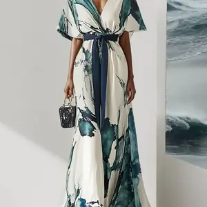 فستان ماكسي أنيق مطبوع بألوان مائية للنساء من فريسيسي لصيف 2026، بياقة على شكل V ورباط خصر وأكمام خفاشية وتصميم مطوي لفساتين الحفلات