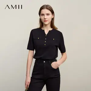 سترة نسائية من Amii لربيع 2026، تصميم جديد أنيق محبوك مستقيم، بلوفر نسائي بأكمام قصيرة ونصف زر أمامي 12621045
