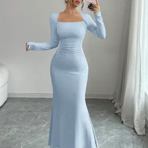 فستان نسائي للفصول الأربعة بتصميم جديد أنيق ومزاج ريترو بلون سادة وياقة مربعة وأكمام طويلة