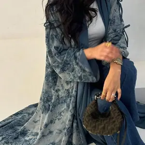 سترة نسائية في الشرق الأوسط فضفاضة التعادل صبغ عبايات عادية قفطان عربي ماكسي فستان كم كامل مفتوح الجبهة جلباب بدون حاجيب