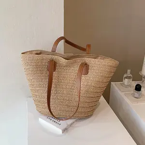 المرأة سعة كبيرة حقيبة كتف الصيف القش سلة مغزولة حقيبة يد موضة أنثى فاخرة مصمم حقيبة شاطئية بالي للمتسوقين