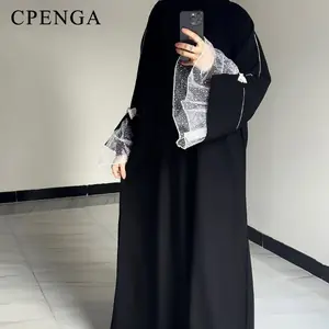 عباية صيفية سوداء للنساء المسلمات فستان متواضع أنيق في دبي بأكمام من الدانتيل ملابس عطلة إسلامية 2025 رداء قفطان تركي