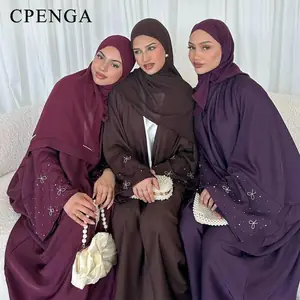 عباية دبي الفاخرة مع فستان متواضع بفيونكة مطرزة للنساء المسلمات، غطاء أمامي أنيق مفتوح، سترة عصرية، ملابس تركية عادية